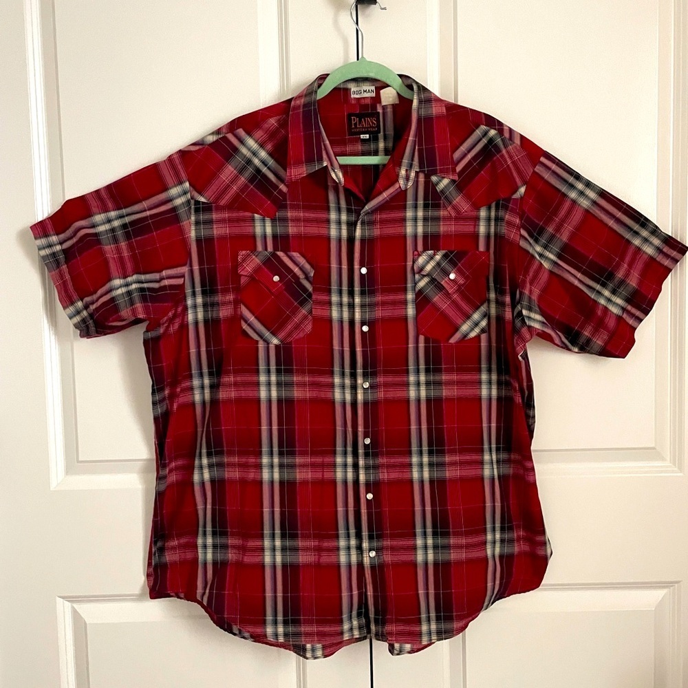 Plains western big man Plaid Shirt pearl snap button 2XL unstructured buttoned